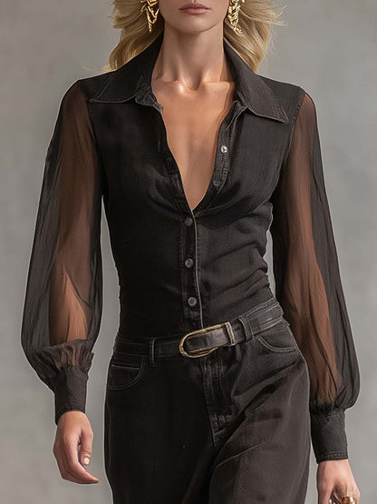 Vintage Western Front Button V-Neck Transparent Long-Sleeve Black Denim Maxi Dress