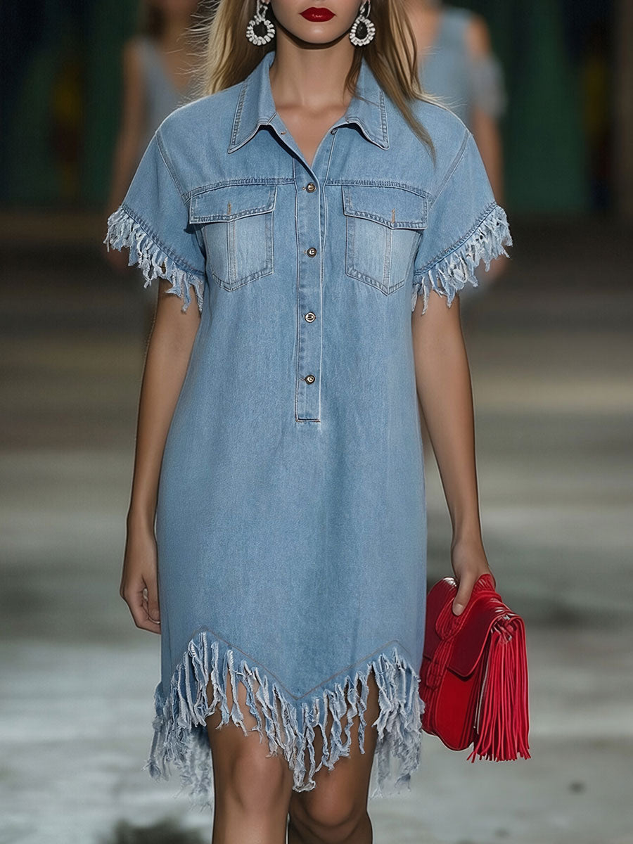 Casual Loose Vintage Denim Short-Sleeve Shirt Tassel Mini Dress