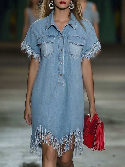 Casual Loose Vintage Denim Short-Sleeve Shirt Tassel Mini Dress