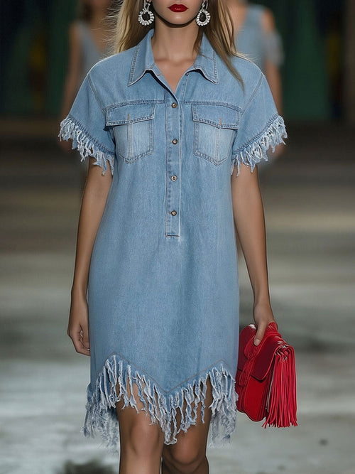 Casual Loose Vintage Denim Short-Sleeve Shirt Tassel Mini Dress