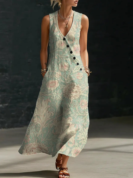 Floral Pattern Art Print Casual Cotton Linen Dress