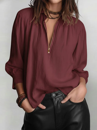 Solid Color Lapel Long-Sleeved Casual Loose Cotton and Linen Top