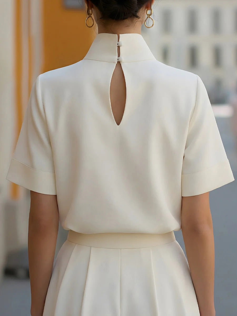 Solid-Color Stand-Collar Short-Sleeve Loose-Fit Casual Linen Top