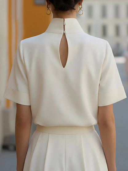 Solid-Color Stand-Collar Short-Sleeve Loose-Fit Casual Linen Top