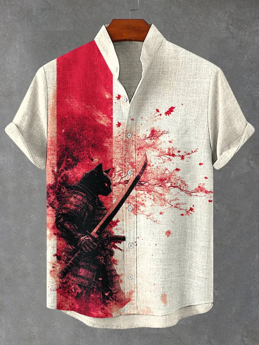 Men's Black Cat Warrior Art Print Short-Sleeve Shirt
