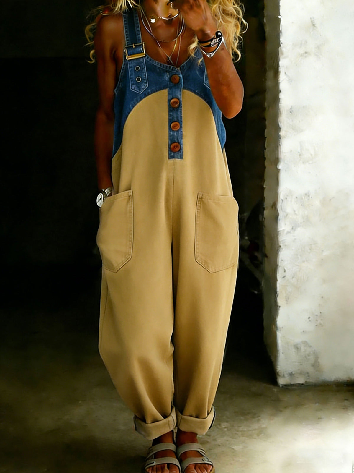 Casual One Piece Denim Denim Patchwork Jumpsuit