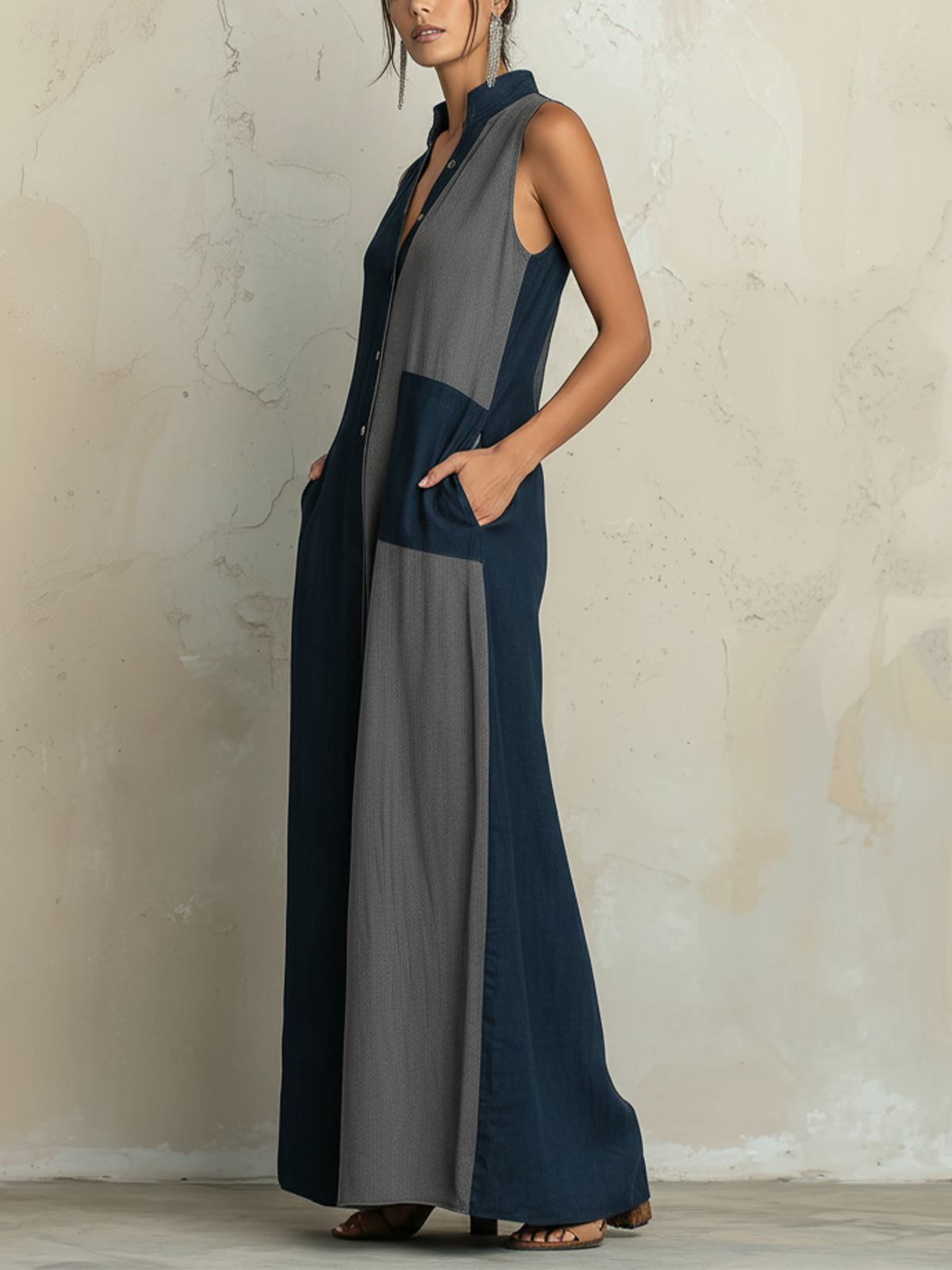 Colorblock Denim Maxi Shirt Dress with Sleeveless Button-Front Casual Maxi Dress