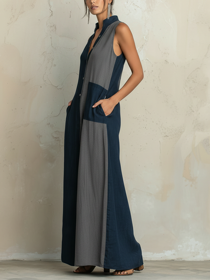 Colorblock Denim Maxi Shirt Dress with Sleeveless Button-Front Casual Maxi Dress