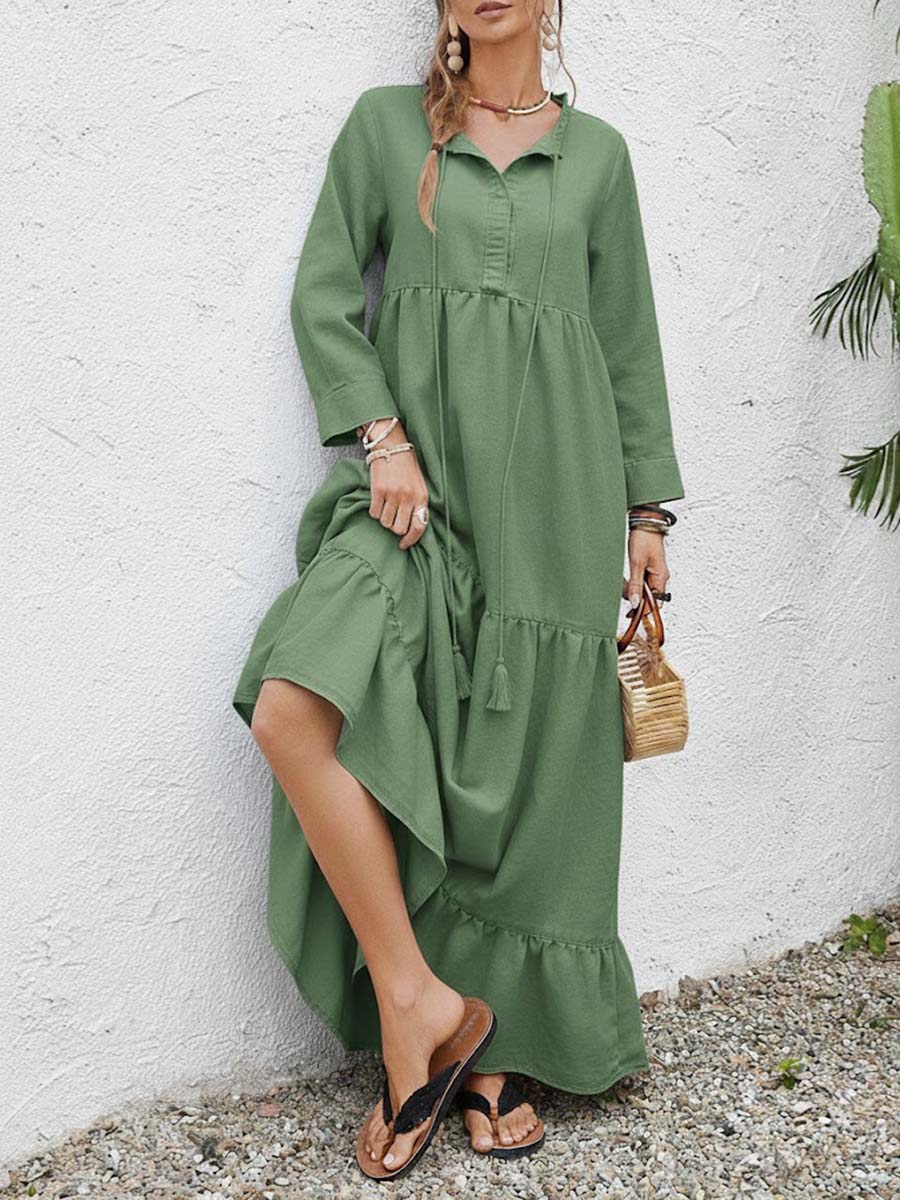 Solid Color Round Neck Long-Sleeve Casual Loose Cotton Linen Dress