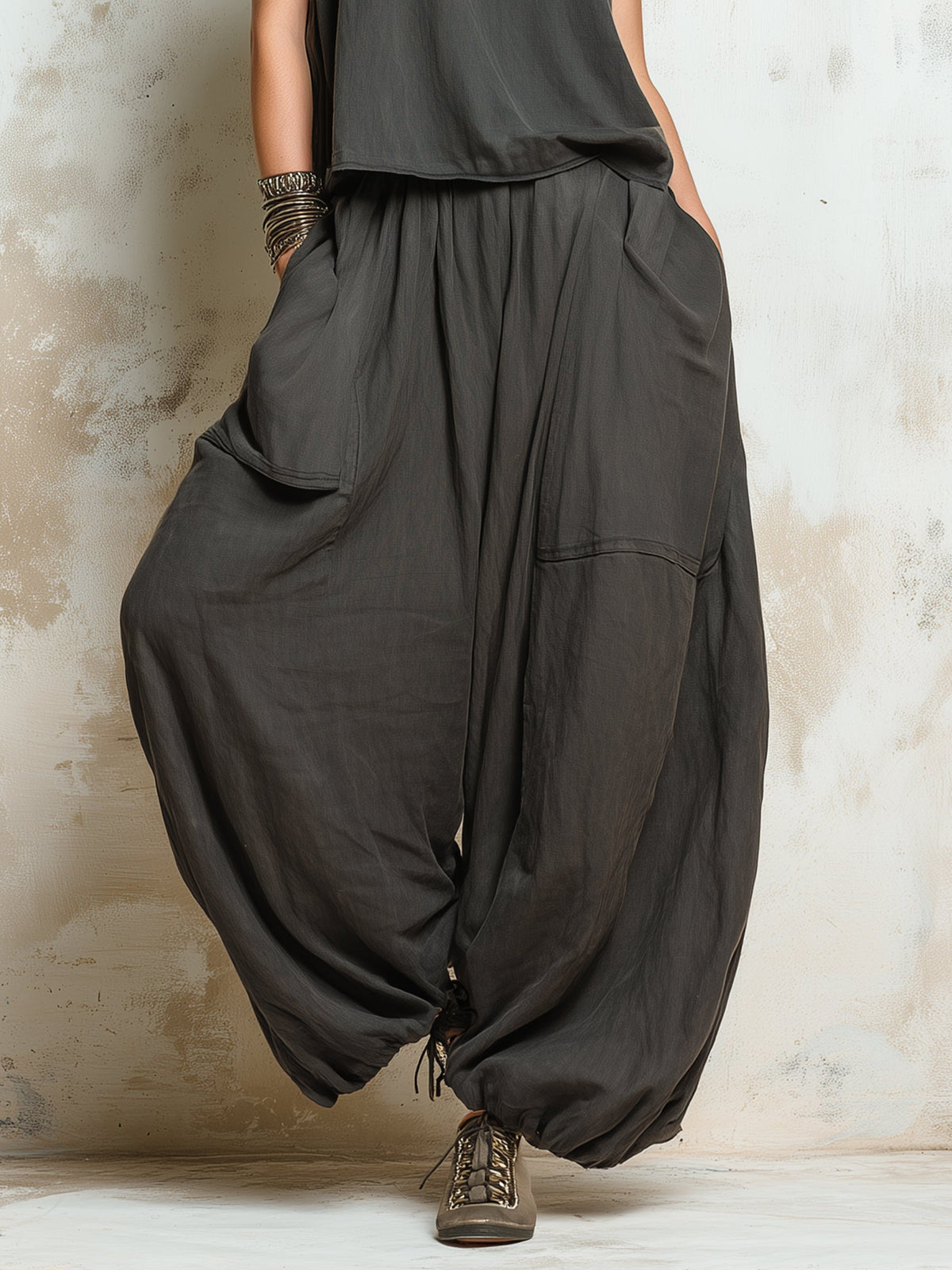 Dark Grey Oversized Linen Blend Harem Pants and Cap Sleeve Top Set