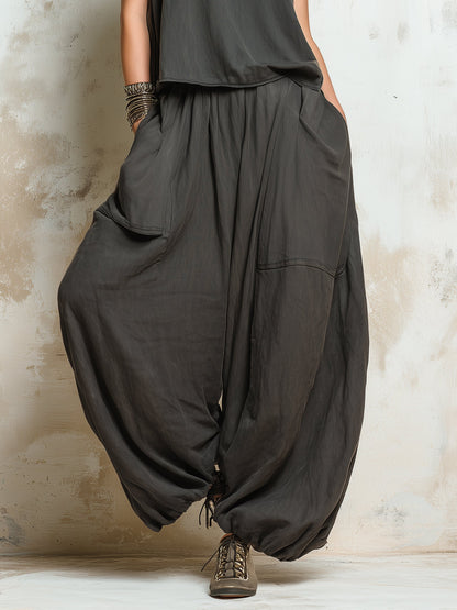 Dark Grey Oversized Linen Blend Harem Pants and Cap Sleeve Top Set