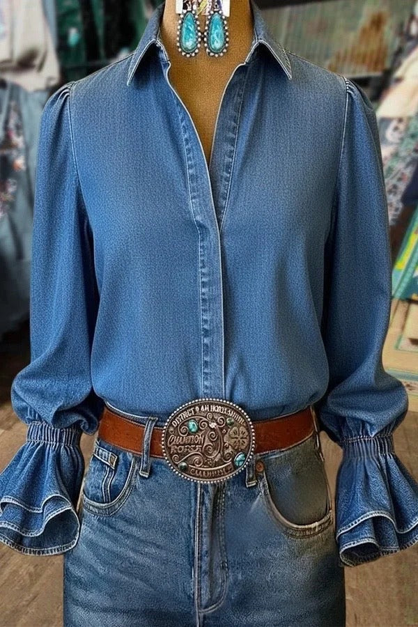 Solid Flared Cuff Casual Denim Blouse