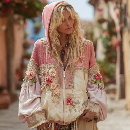 Floral Embroidery Colorblock Boho Casual Zip-Up Hoodie