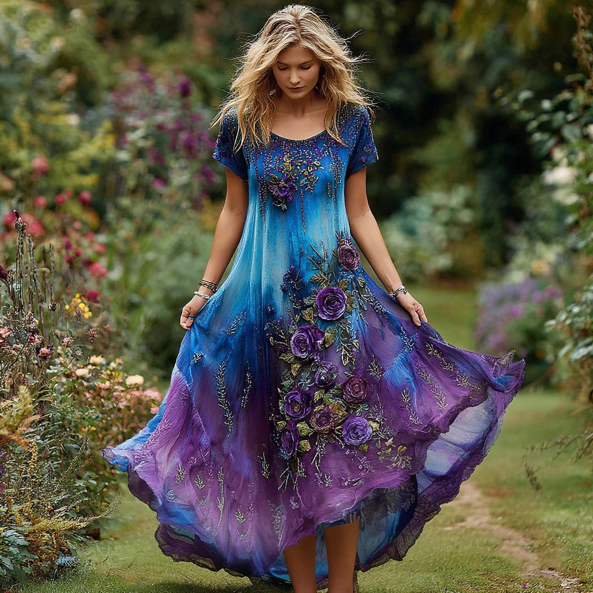 Vintage Floral Embroidery Gradient Pattern Round Neck Dress