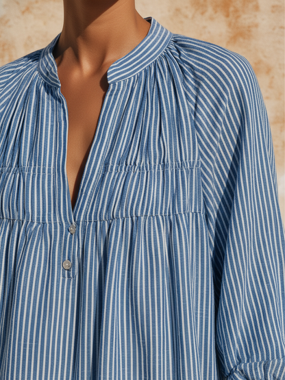 Blue and White Striped Linen Blend Midi Dress