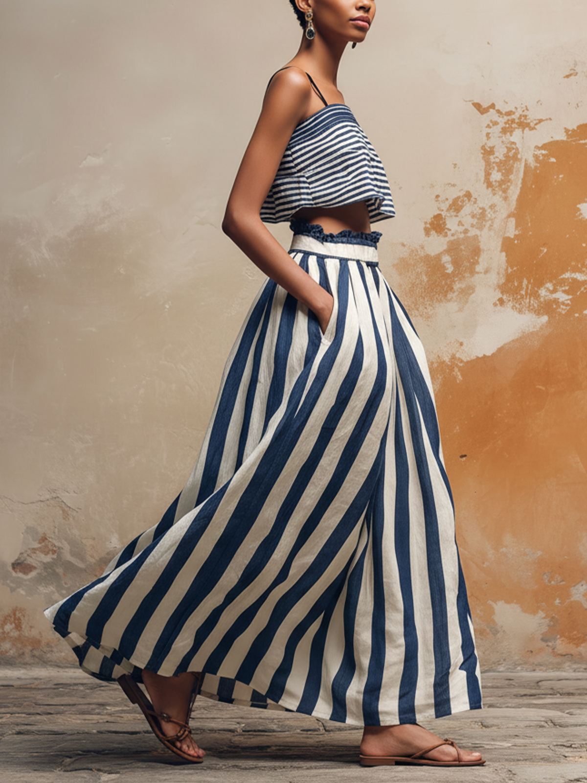 Striped Linen-Blend Two-Piece Set | Crop Top and Maxi Skirt with Pockets