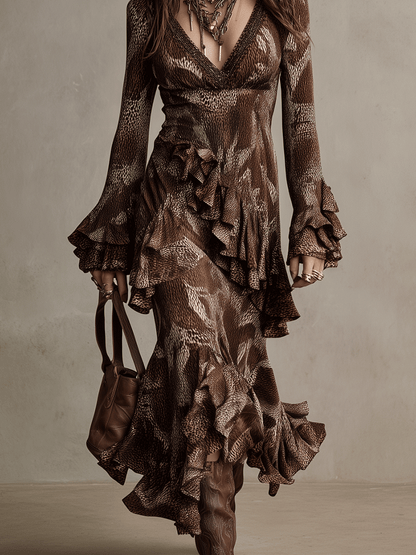 Vintage Brown Flounce Long-Sleeve Gown Maxi Dress