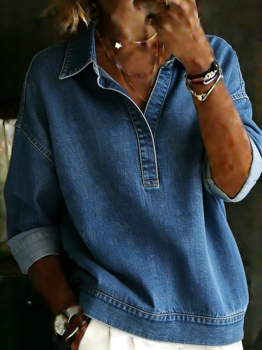 Solid Color Casual Loose Denim Blouse Shirt
