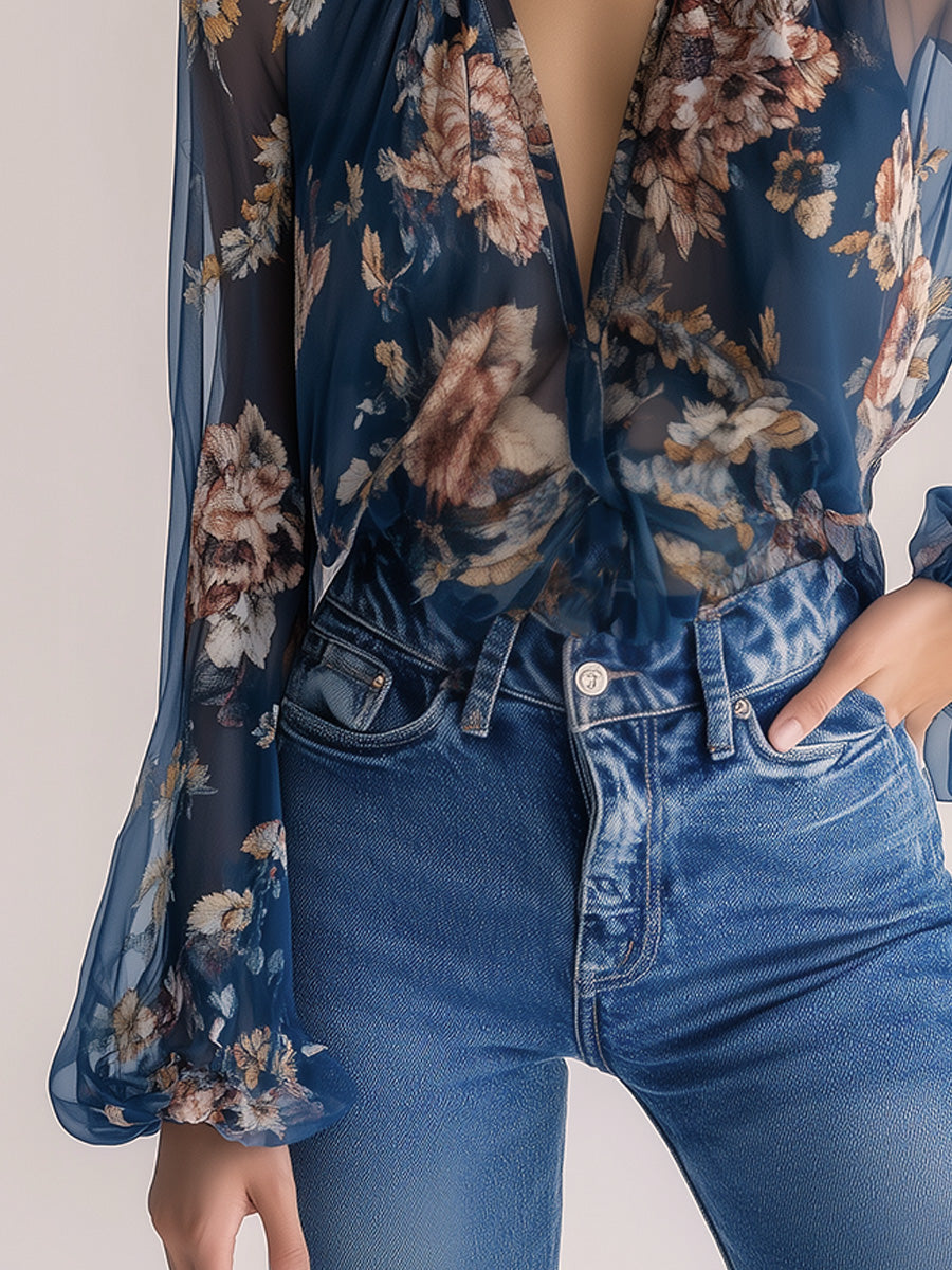 Elegant Bohemian Navy Floral Shirt