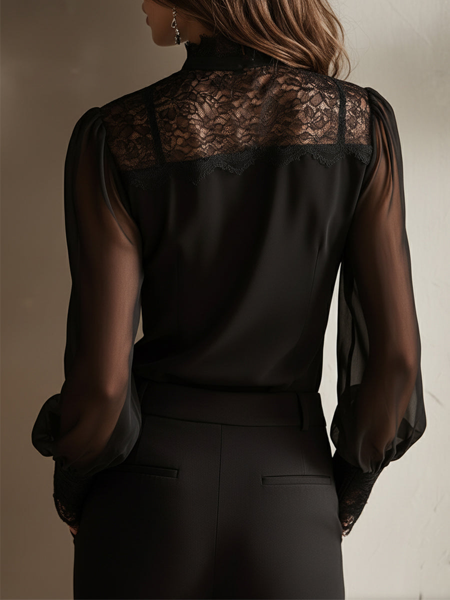 Retro Elegant Lace Stand-Up Collar Tie Neck Chiffon Blouse