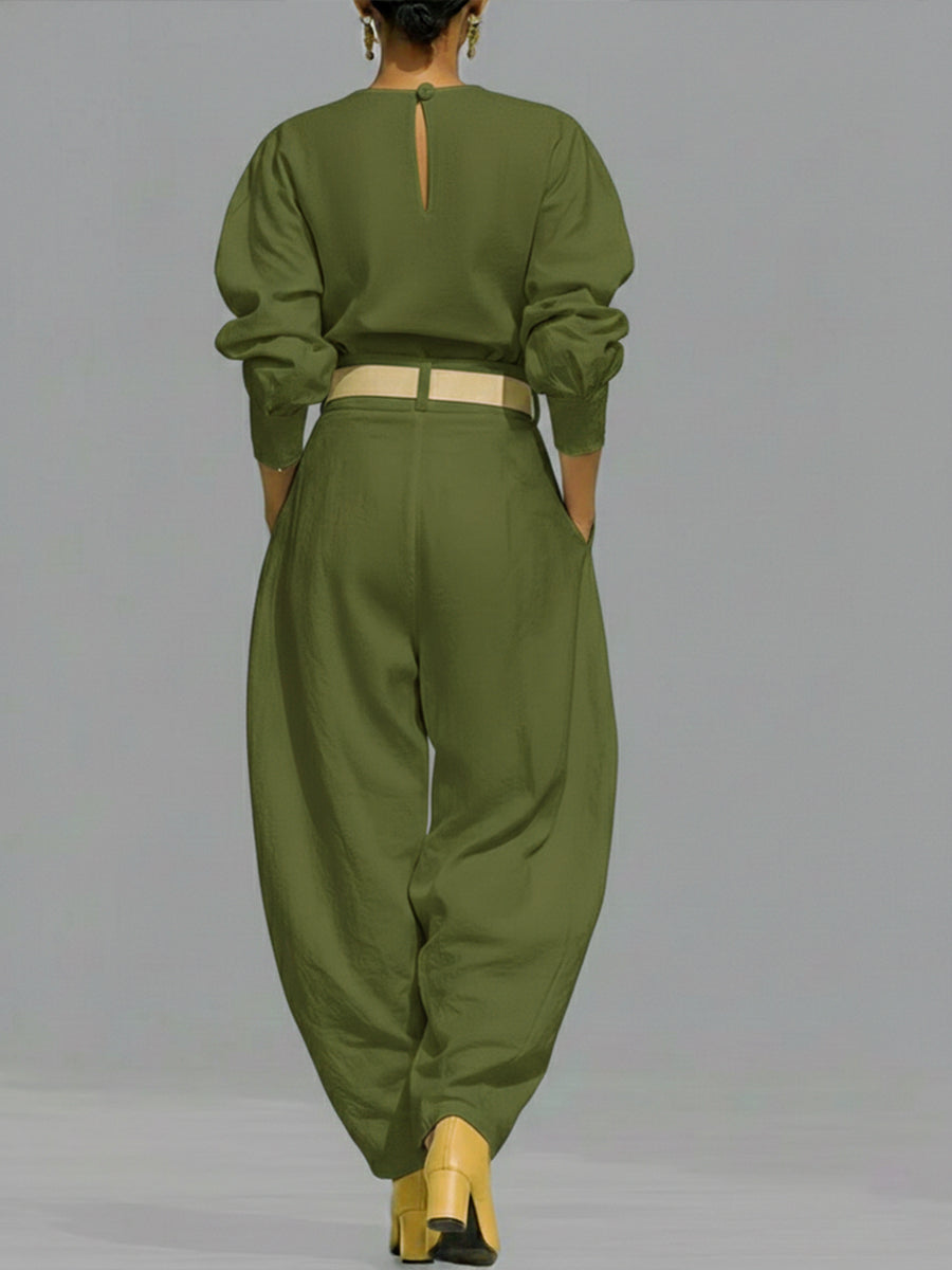 Casual Linen and Cotton Crew-Neck Shirt and High-Waisted Tapered Trousers Two-Piece Set