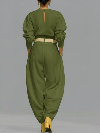 Casual Linen and Cotton Crew-Neck Shirt and High-Waisted Tapered Trousers Two-Piece Set