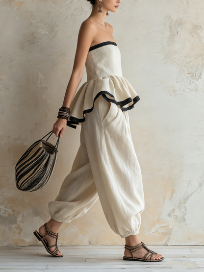 Strapless Ruffle Peplum Top and Harem Pants Set | Linen Boho Two-Piece Outfit