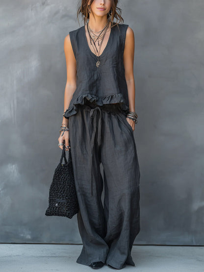 V-Neck Sleeveless Casual Loose Cotton Top with Elastic Waist and Wide-Leg Pants Cotton Linen Set