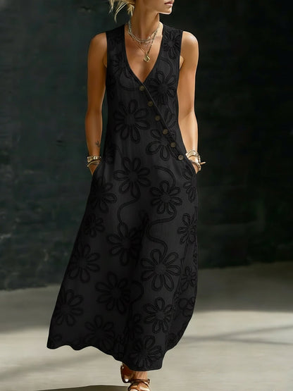 Elegant Floral Embroidery V-Neck Dress