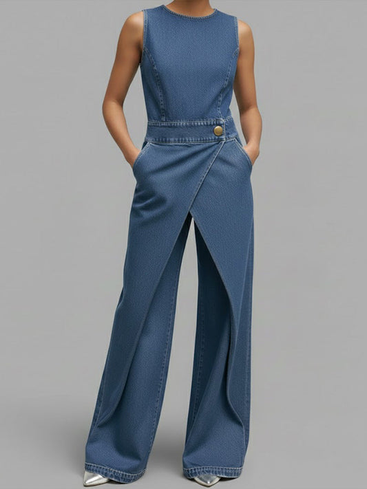 Round Neck Sleeveless Casual Loose Denim Wide-Leg Jumpsuit
