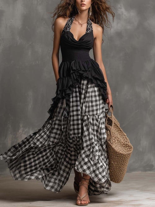 Bohemian Vacation Halter-Neck Patchwork Gingham Maxi Dress
