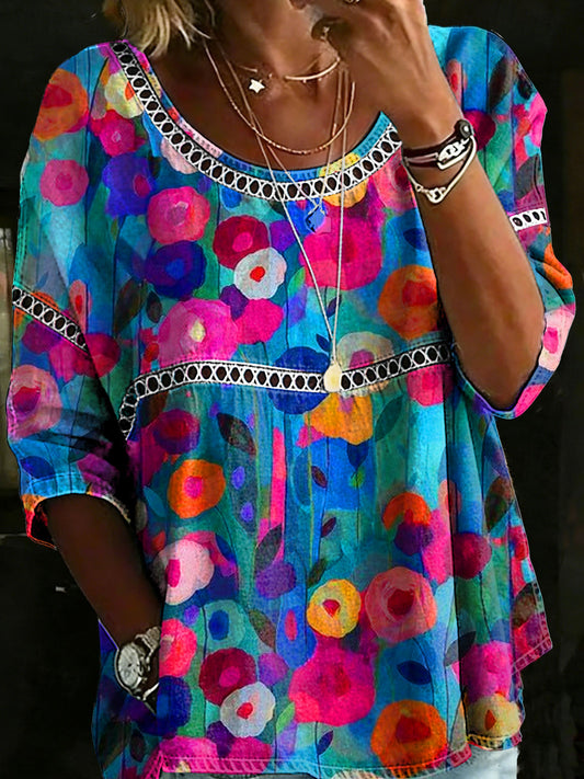 Vintage Flower Casual Loose Denim Blouse Shirt