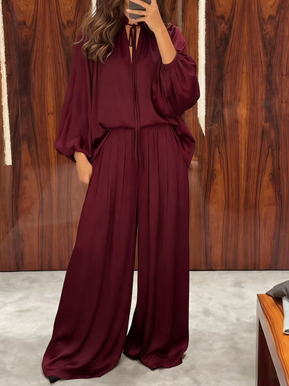 Solid-Color Satin Two-Piece Set: V-Neck Long-Sleeve Loose-Fit Top and Elastic-Waist Wide-Leg Pants