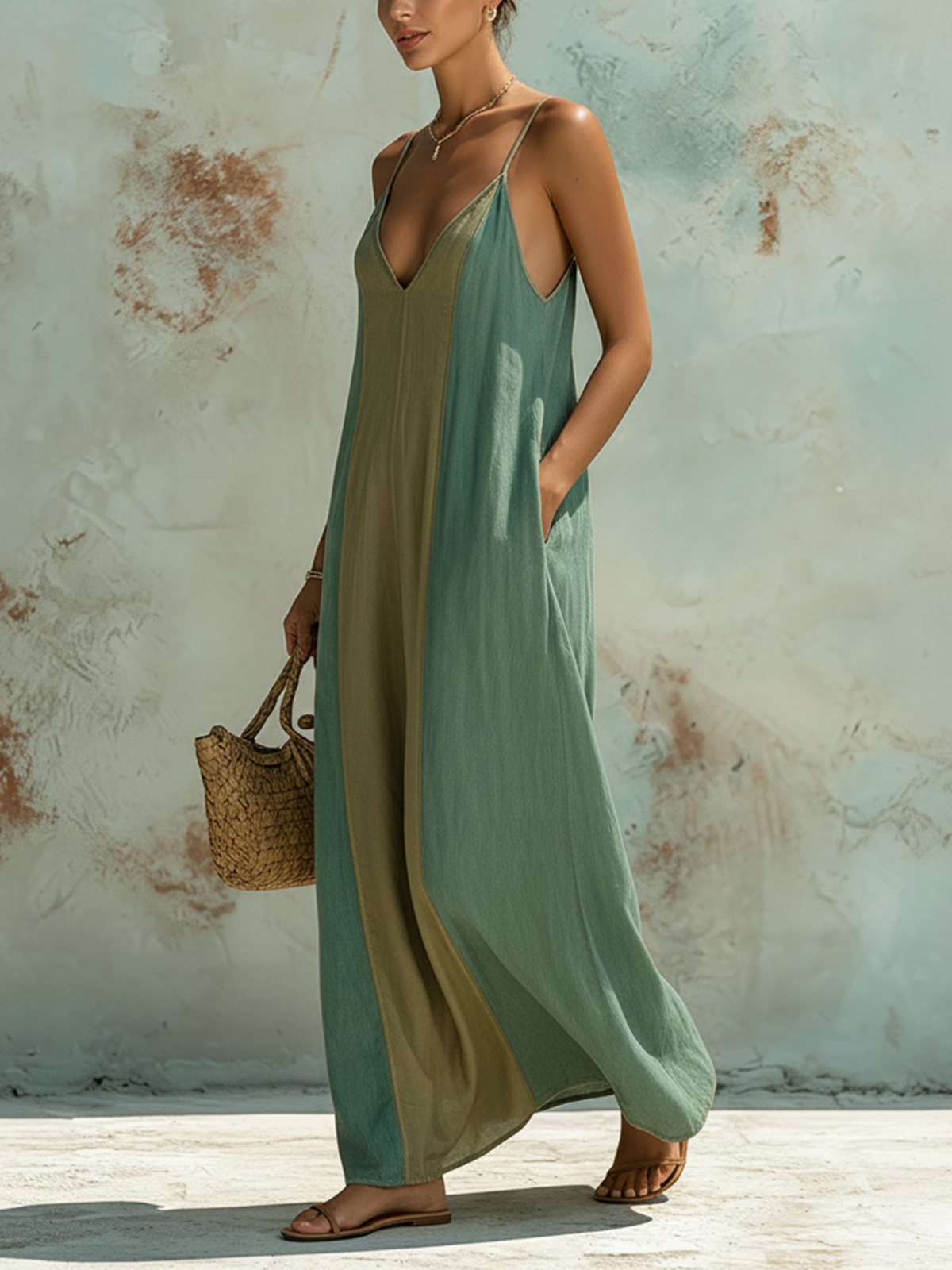 Colorblock Denim Cami Maxi Dress in Sage and Olive