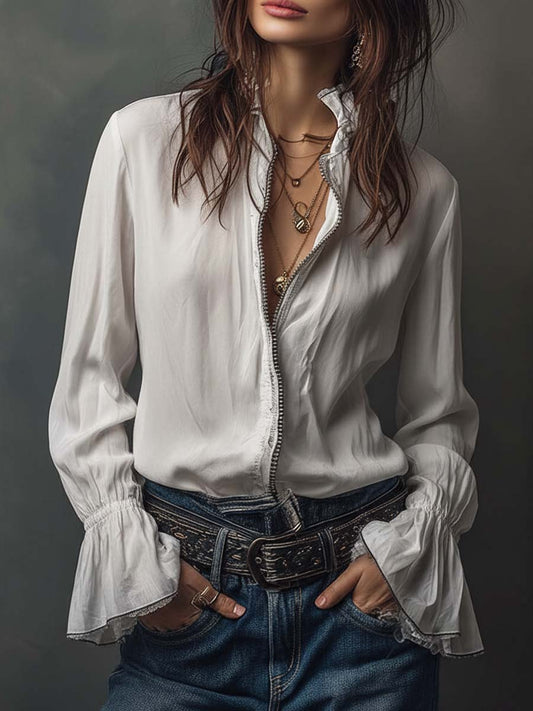 White Zip-Front Blouse with Flounce Cuffs