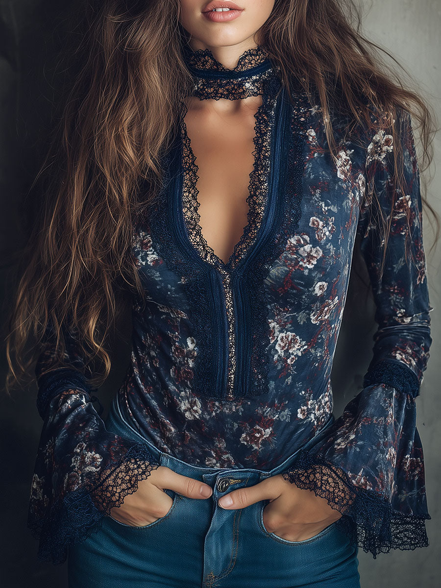 Vintage Floral Velvet Bell Cuffs Lace Blouse