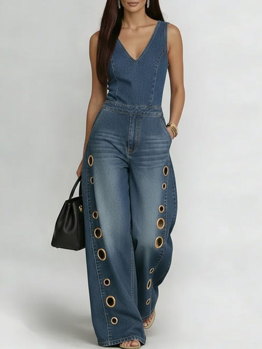 V-Neck Sleeveless Casual Loose Denim Wide-Leg Jumpsuit