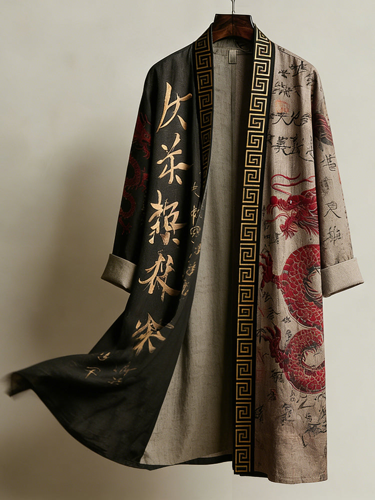 Retro Calligraphy and Dragon Pattern Linen Long Kimono