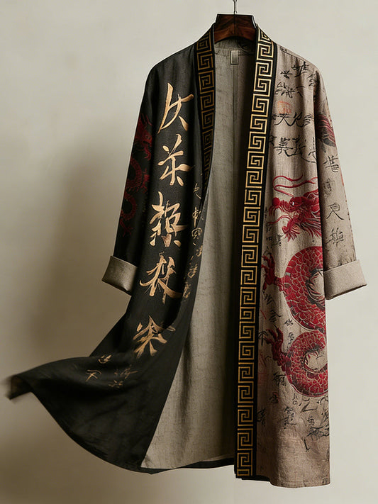 Retro Calligraphy and Dragon Pattern Linen Long Kimono