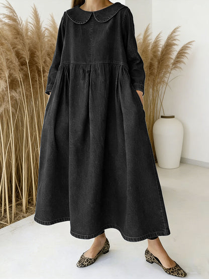 Peter Pan Collar Long-Sleeved Loose-Fitting Casual Denim Dress