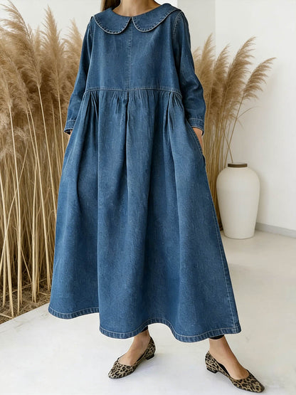 Peter Pan Collar Long-Sleeved Loose-Fitting Casual Denim Dress