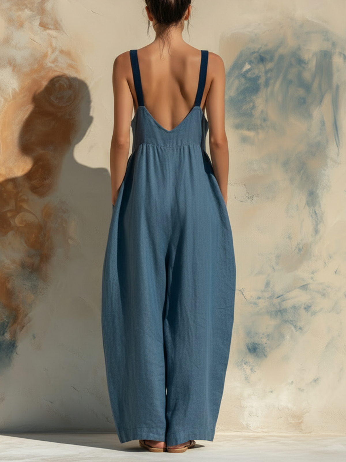 Blue Denim Wide-Leg Jumpsuit with Contrast Straps