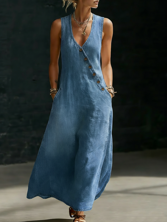 Minimalist Button-Up V-Neck Denim Dress