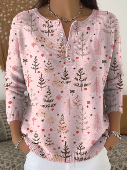 Christmas Tree Art Print Buttoned Cardigan Sweater
