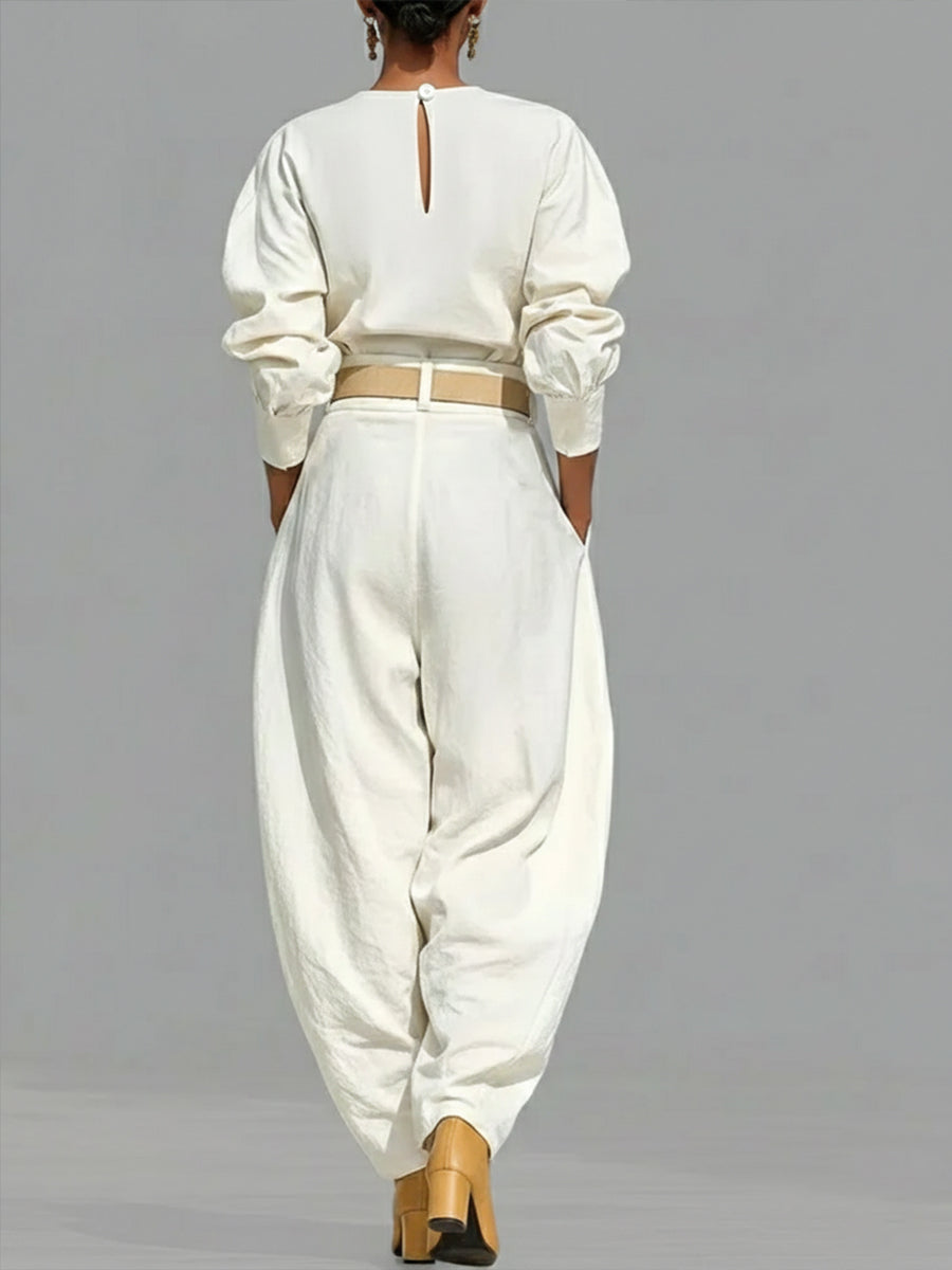 Casual Linen and Cotton Crew-Neck Shirt and High-Waisted Tapered Trousers Two-Piece Set
