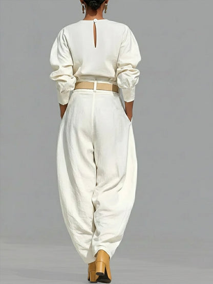 Casual Linen and Cotton Crew-Neck Shirt and High-Waisted Tapered Trousers Two-Piece Set