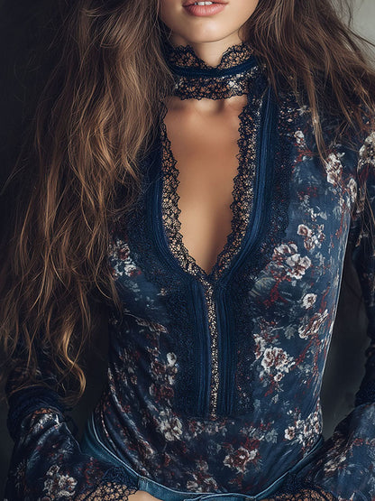 Vintage Floral Velvet Bell Cuffs Lace Blouse