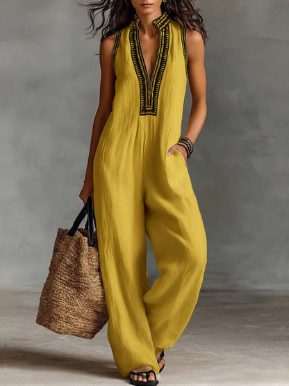 V-Neck Sleeveless Casual Loose Cotton and Linen Jumpsuit