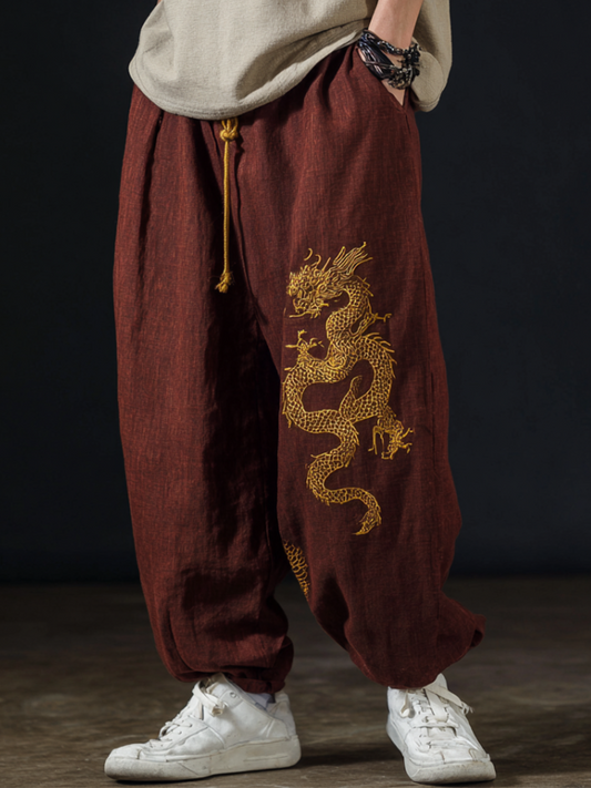 Men's Casual Cotton and Linen Wide-Leg Pants with Dragon Patterns and Embroidered Floral Patterns