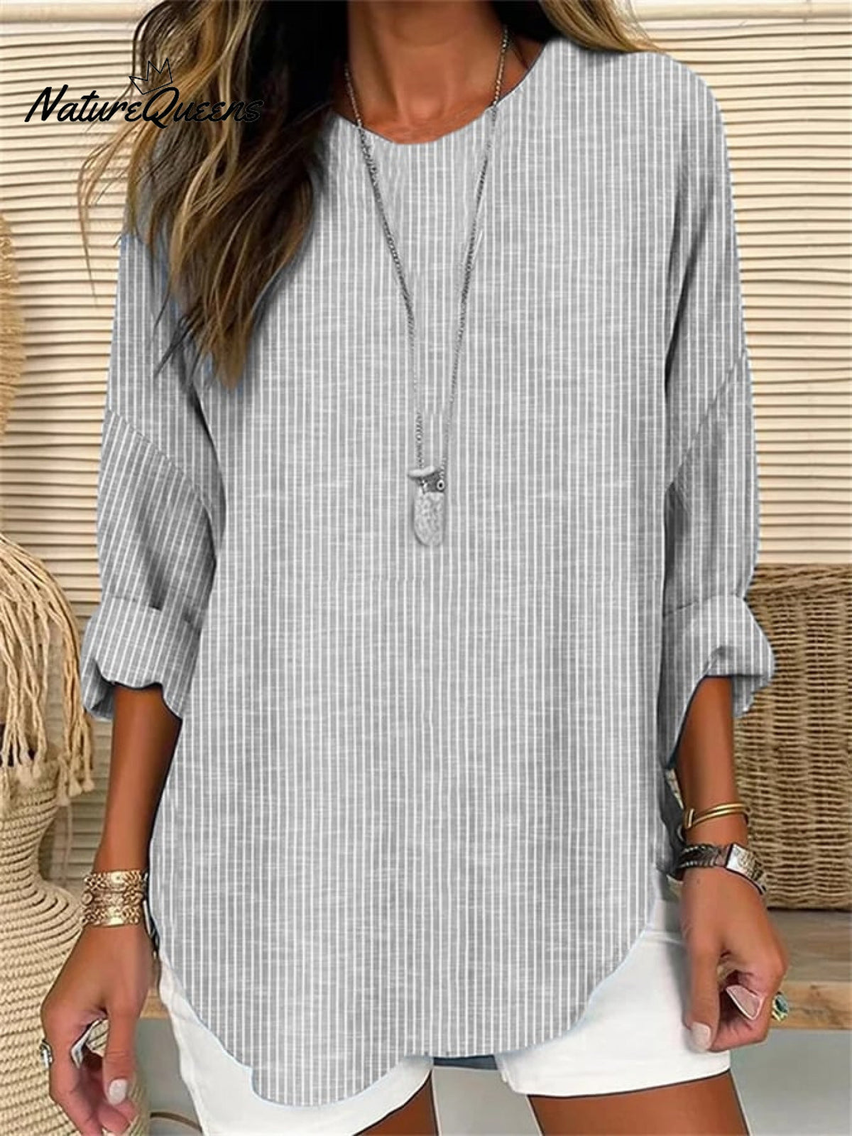 Retro Striped Design Loose Long-Sleeve Crew Neck Top